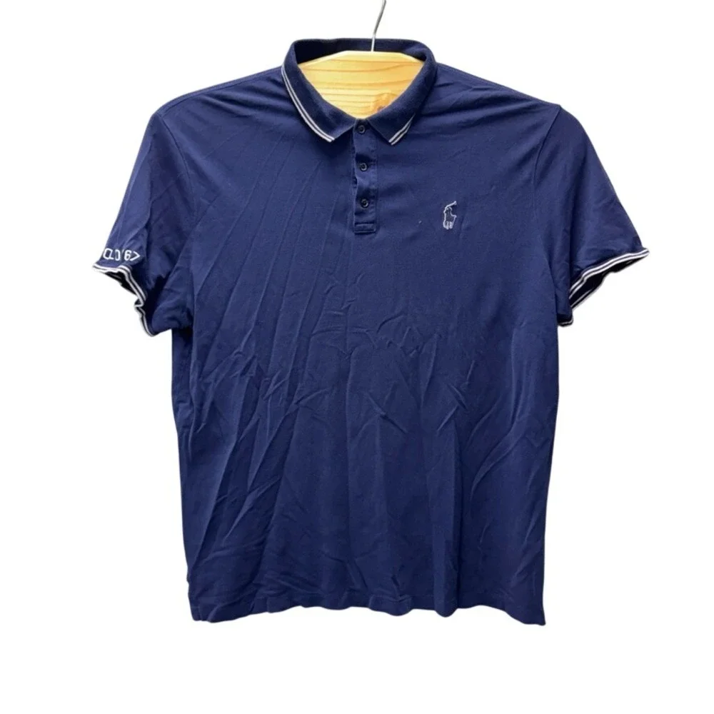 Polo Ralph Lauren Mens XXL Custom Slim Fit Navy Blue Tipped Mesh Polo Shirt